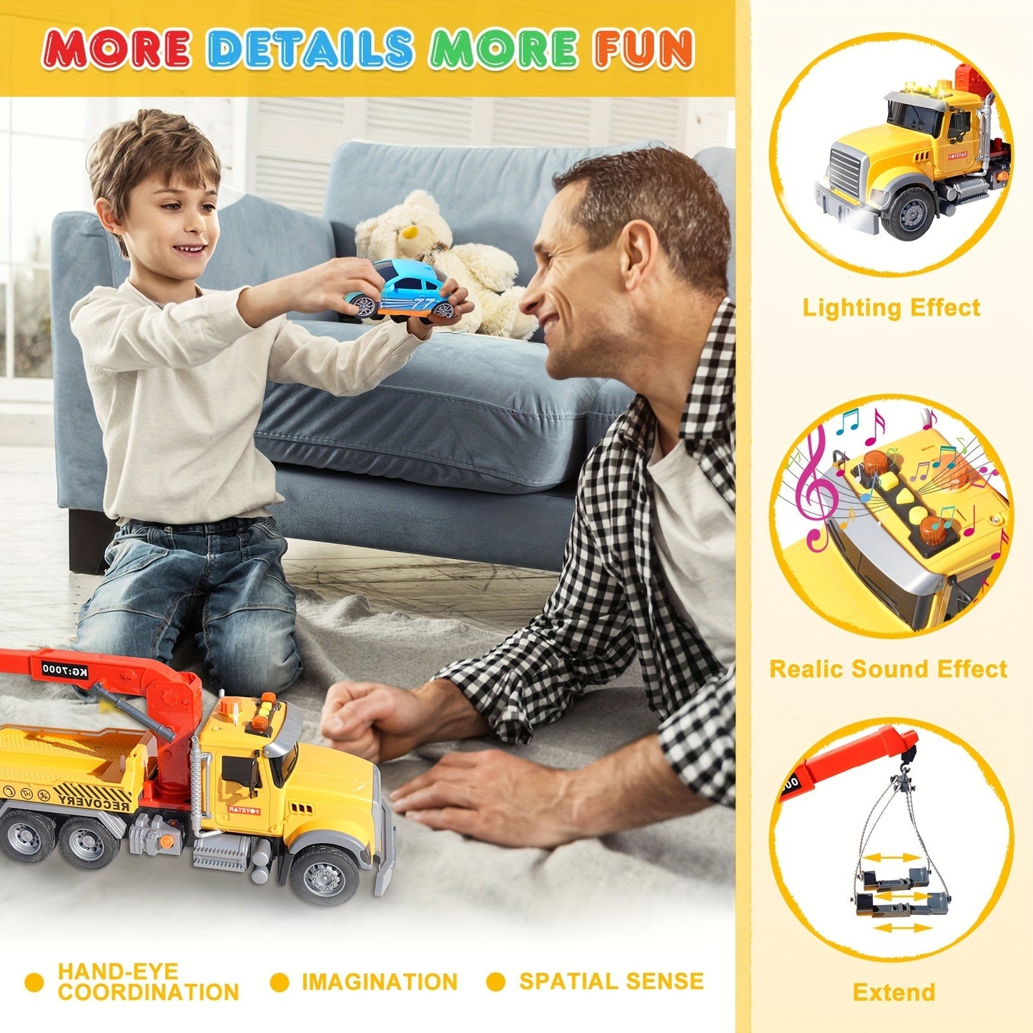 15" Big Truck Toys Set, Include Tow Truck, Racing Car, Metal Off-Road Car, Metal Pickup Truck, Toy Truck with Hook, Boys & Girls Christmas and Birthday Gift Christmas Halloween Gift