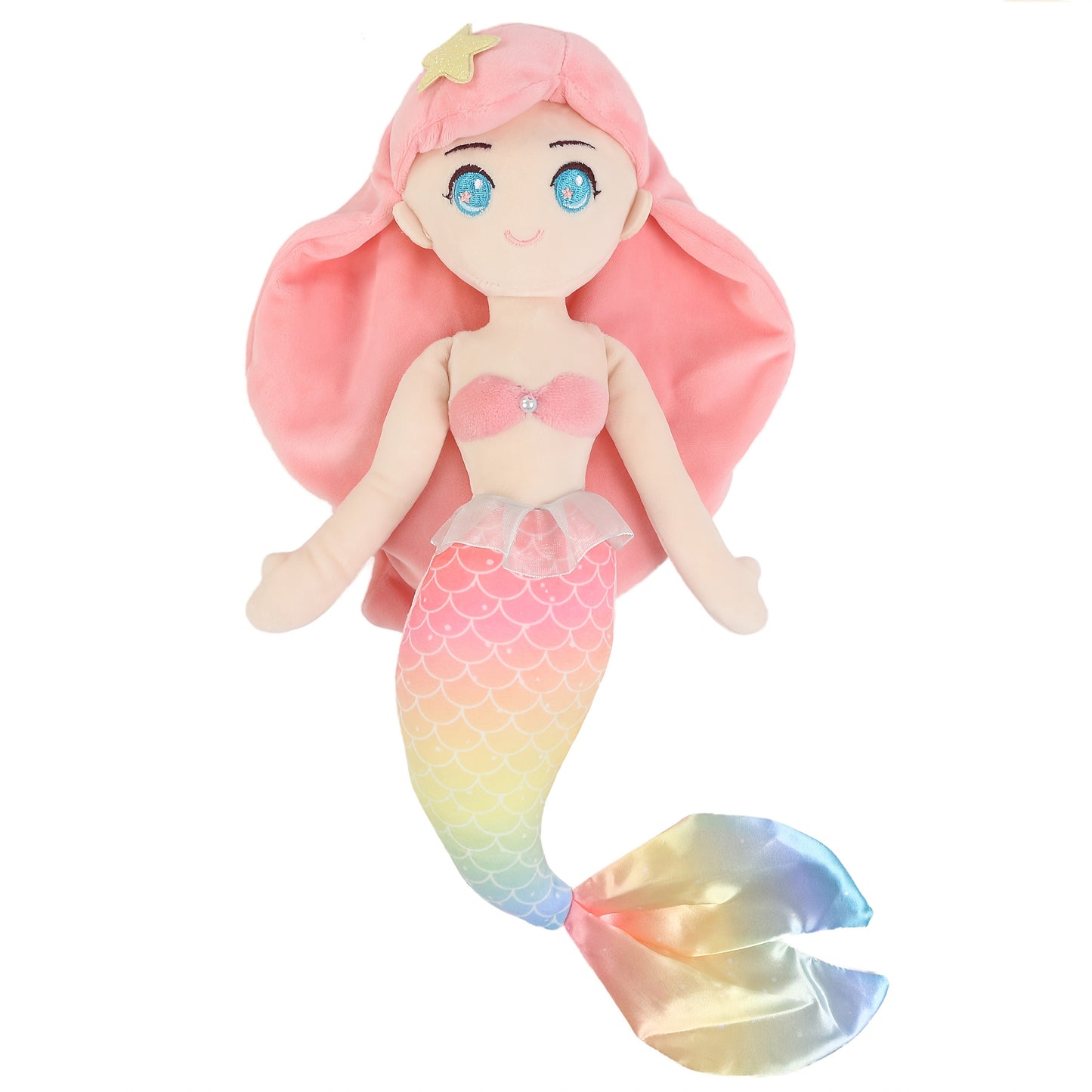 12" Pink Mermaid Plush Toy - Soft & Cuddly Stuffed Animal Doll with Iridescent Tail, Blue-Tipped Scales, and Starfish Hair Clip, Perfect for Youngsters' Birthday Parties, Holiday Gifts, and Mermaid-Themed Decor