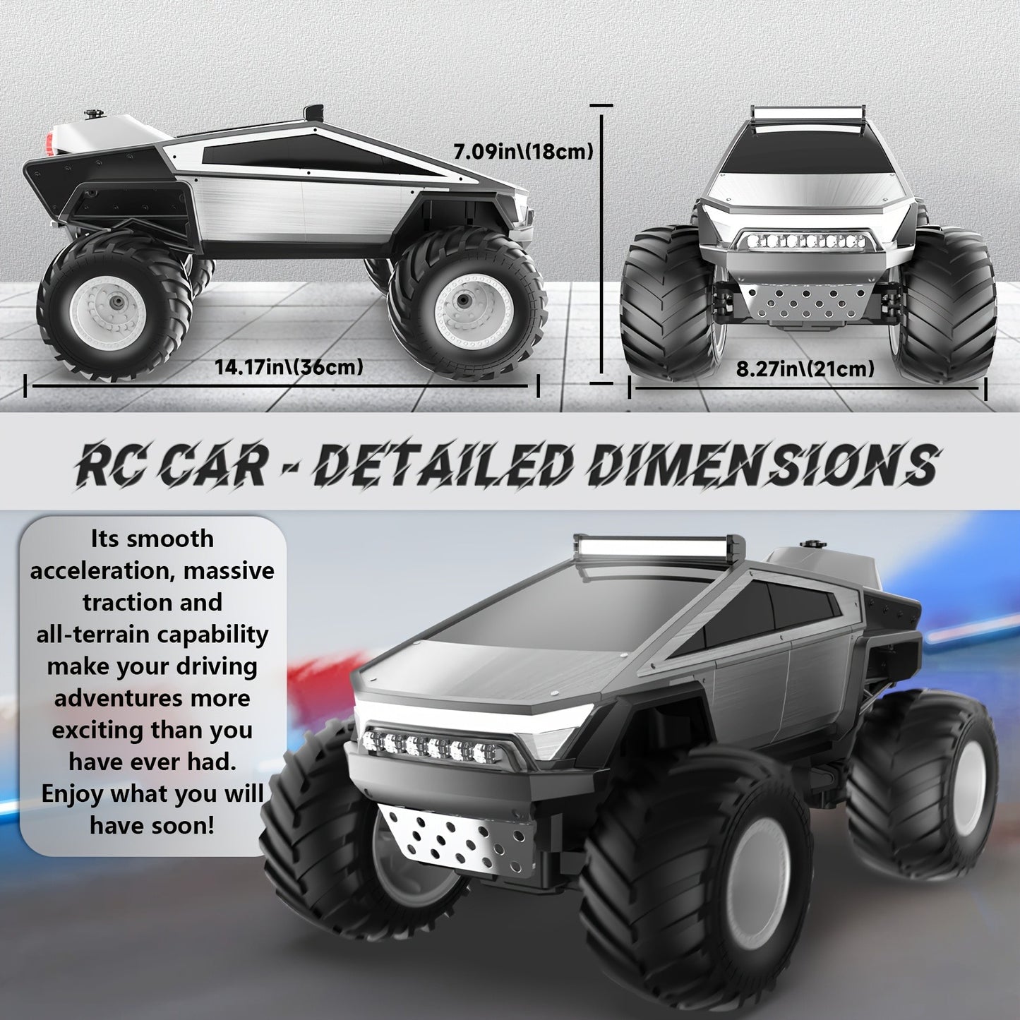 All Terrain RC Monster Truck Toy, 2.4GHz 4WD Remote Control Off-road Vehicle with LED Lights, Music And Excellent Grip Big Wheels, 6+ Boys And Girls Birthday, Christmas, Halloween Gifts