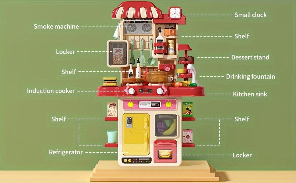 Kitchen game toy set, simulation cooking table, puzzle pretend cooking kitchenware, mini kitchen, with light and sound, simulation of spray and sink, birthday gifts for boys and girls