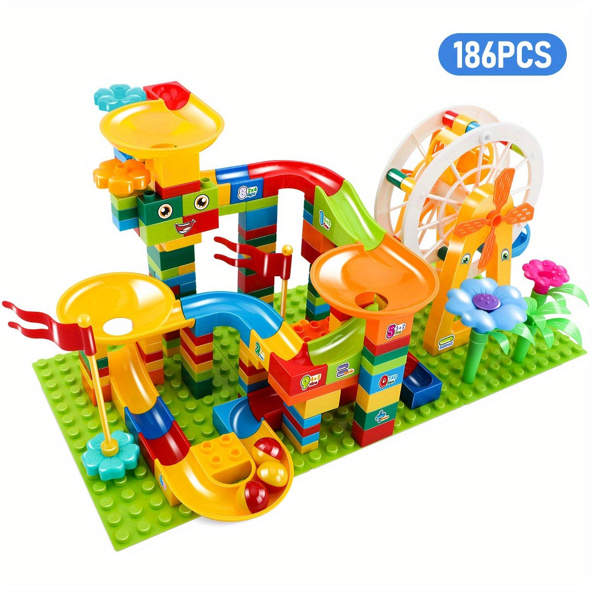 150pcs/186pcs Big Size Marble Race Run Particle Scenes Slide Funnel Ferris Wheel Building Blocks City Brick Toy for Youngsters Educational Patchwork Toys Model Ornaments Holiday Gifts