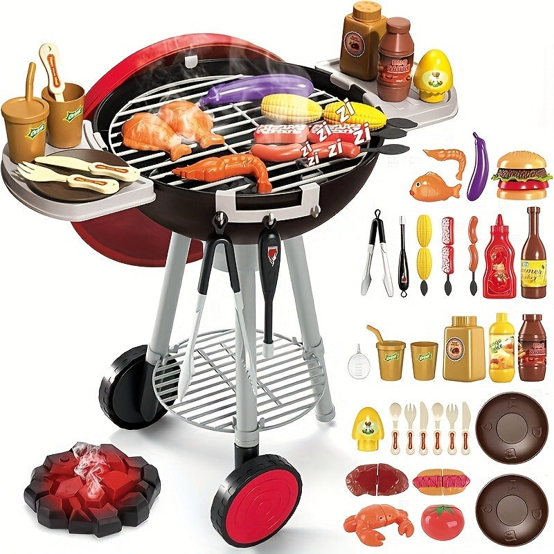 Deluxe Interactive BBQ Grill Playset With Realistic Smoke & LED Lights Pretend Play Kitchen Toy For Kids 3+ Realistic Food, Skewers & Tools Perfect Christmas/Birthday Gift For Boys & Girls
