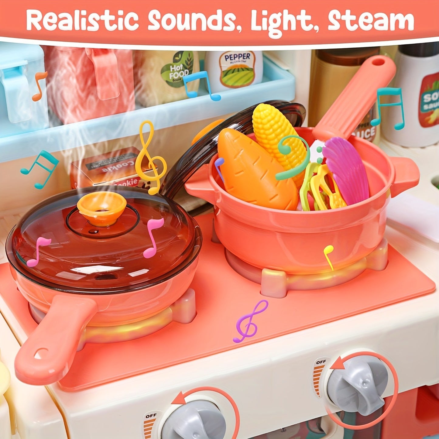 Kids Pretend Play Kitchen Set with Lights & Sounds, Cooking Stove with Steam, Play Sink and Kitchen Accessories, Pink Toy Kitchen for Toddlers, Boys & Girls