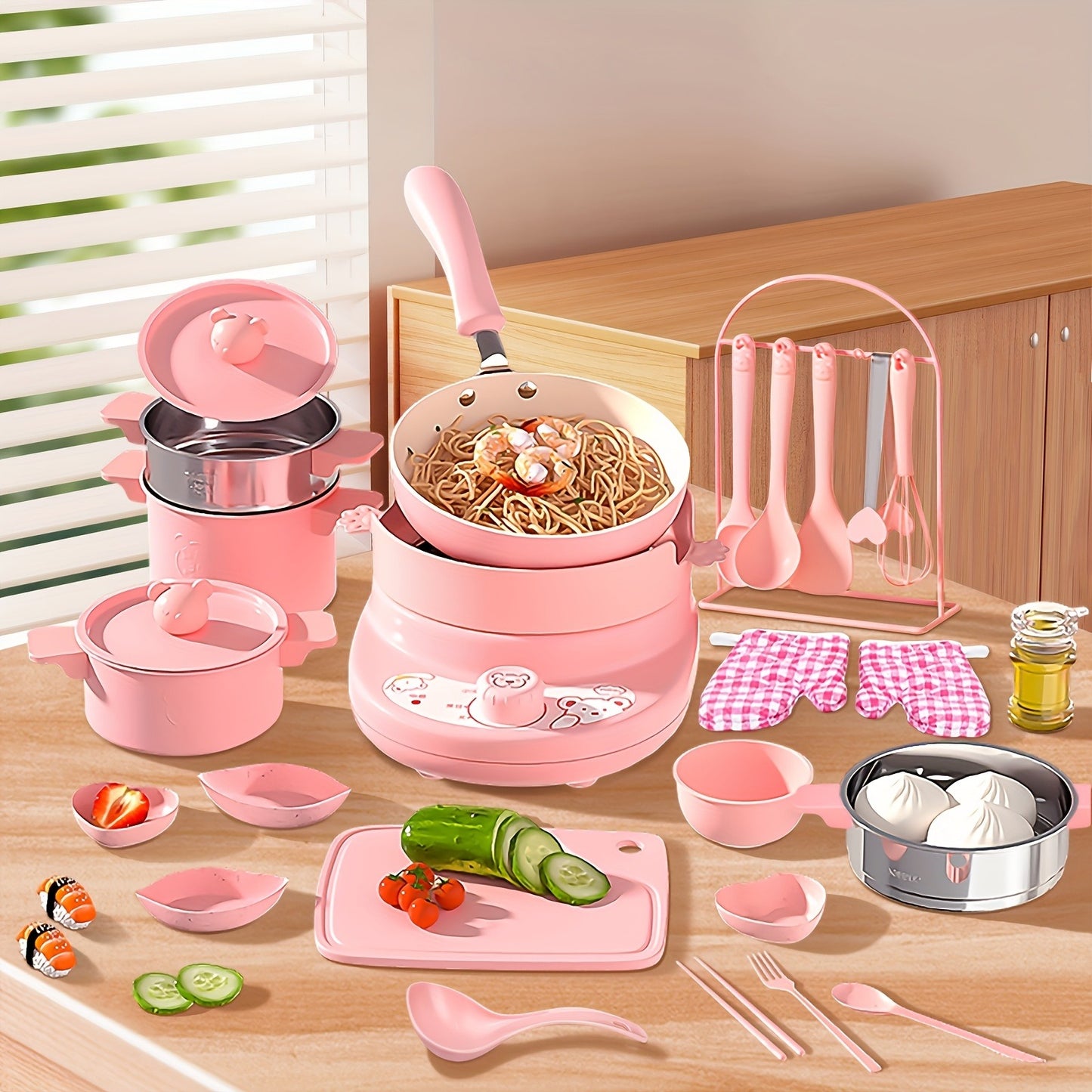 Cooking Set Real Safe Easy Kitchen Tools, Utensils Includes Stove Burner Aprons Cooking Tool Etc For Real Food Making Aged 8 -12 Educational Toys (Pink)