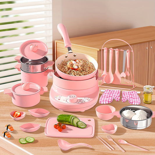 Cooking Set Real Safe Easy Kitchen Tools, Utensils Includes Stove Burner Aprons Cooking Tool Etc For Real Food Making Aged 8 -12 Educational Toys (Pink)