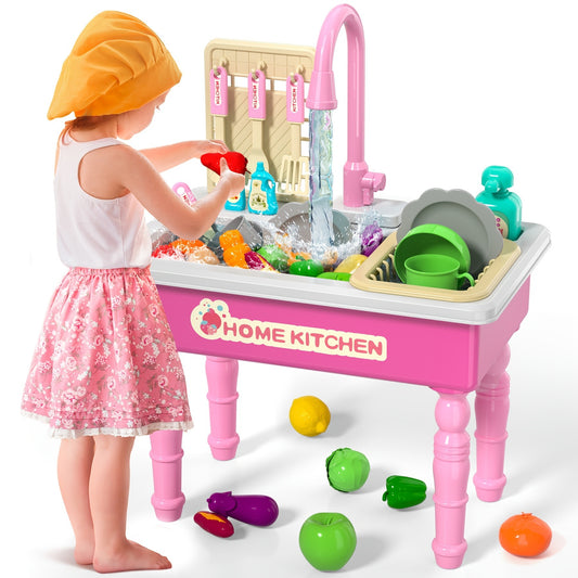 Play Kitchen Sink Toy with Running Water, Dishwasher And Upgraded Automatic Water Cycle System, Outdoor Playset for Girls And Kids