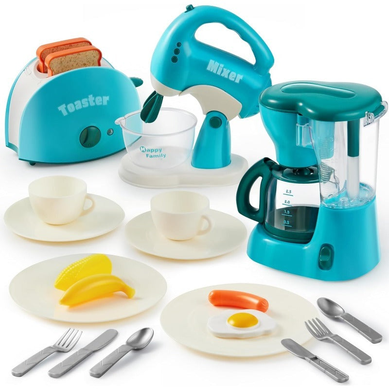 1 Set Play Kitchen Toys, Pretend Play Kitchen Appliances Toy Set with Coffee Maker, Mixer, Toaster with Realistic Lights& Sounds, Perfect Birthday Gift for Youngsters Ages 3+, Blue