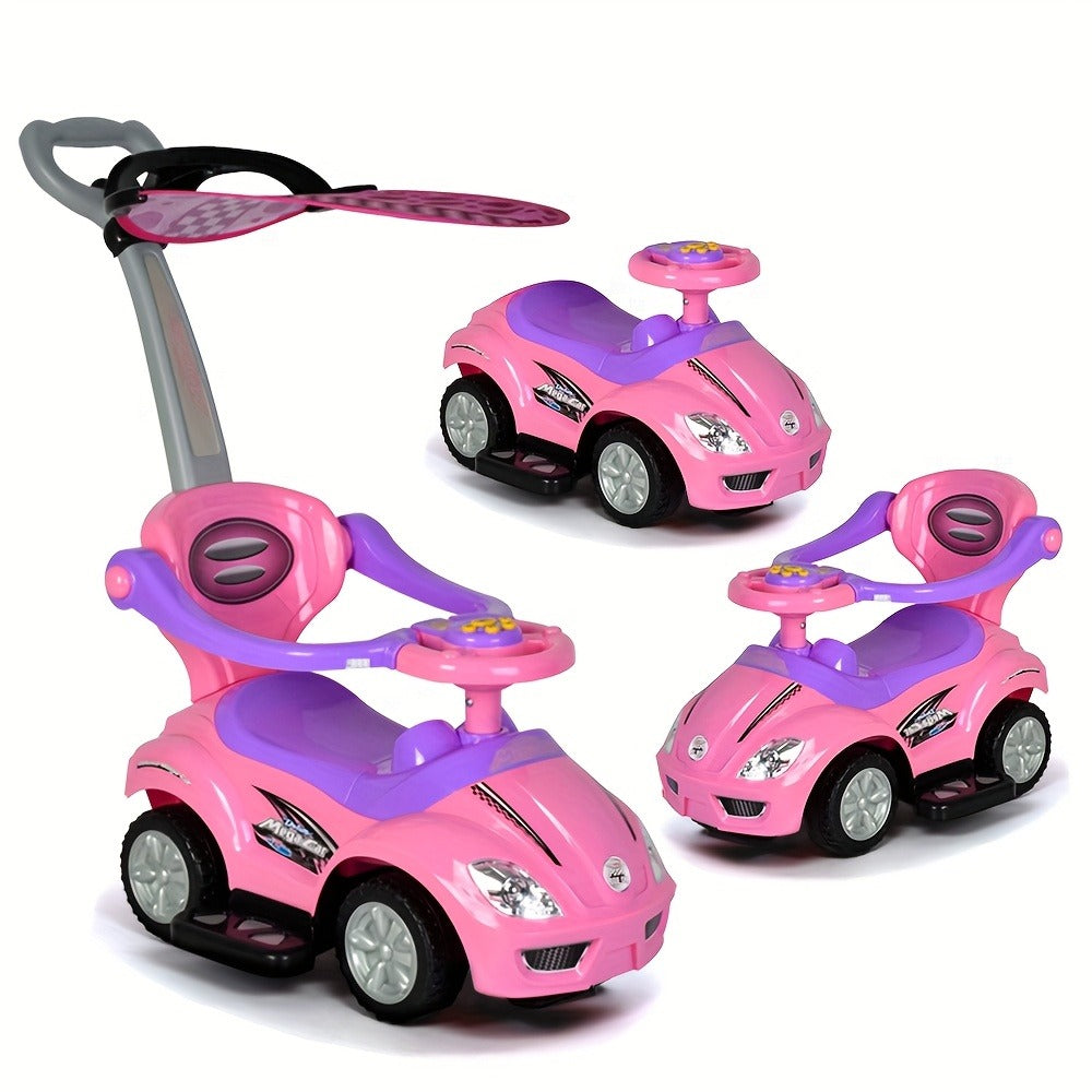 1pc 3 In 1 Ride On Toys Pushing Car With Removable Sun Visor, Mega Car For Toddlers W/Handle & Horn & Music, Color Red