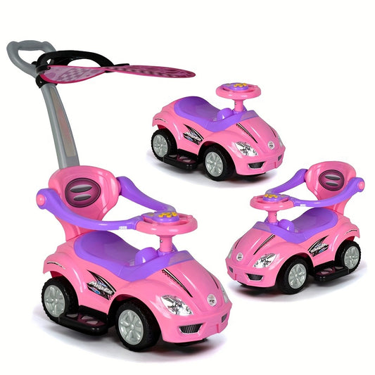 1pc 3 In 1 Ride On Toys Pushing Car With Removable Sun Visor, Mega Car For Toddlers W/Handle & Horn & Music, Color Red