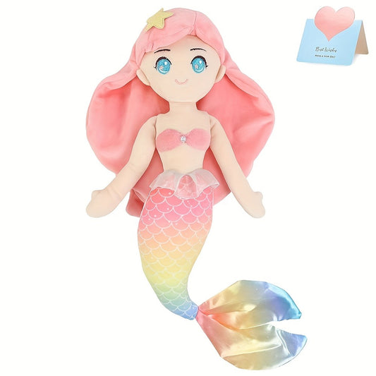 12" Pink Mermaid Plush Toy - Soft & Cuddly Stuffed Animal Doll with Iridescent Tail, Blue-Tipped Scales, and Starfish Hair Clip, Perfect for Youngsters' Birthday Parties, Holiday Gifts, and Mermaid-Themed Decor