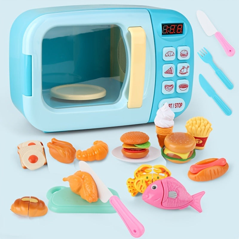Microwave Toy Kitchen Play Set, Kids Play House Electronic Oven With Play Food, Kids Cookware Pots And Pans Toy Set, Cooking Utensils, Great Kitchen Toys For Girls Boys Learning (Pink/Blue)