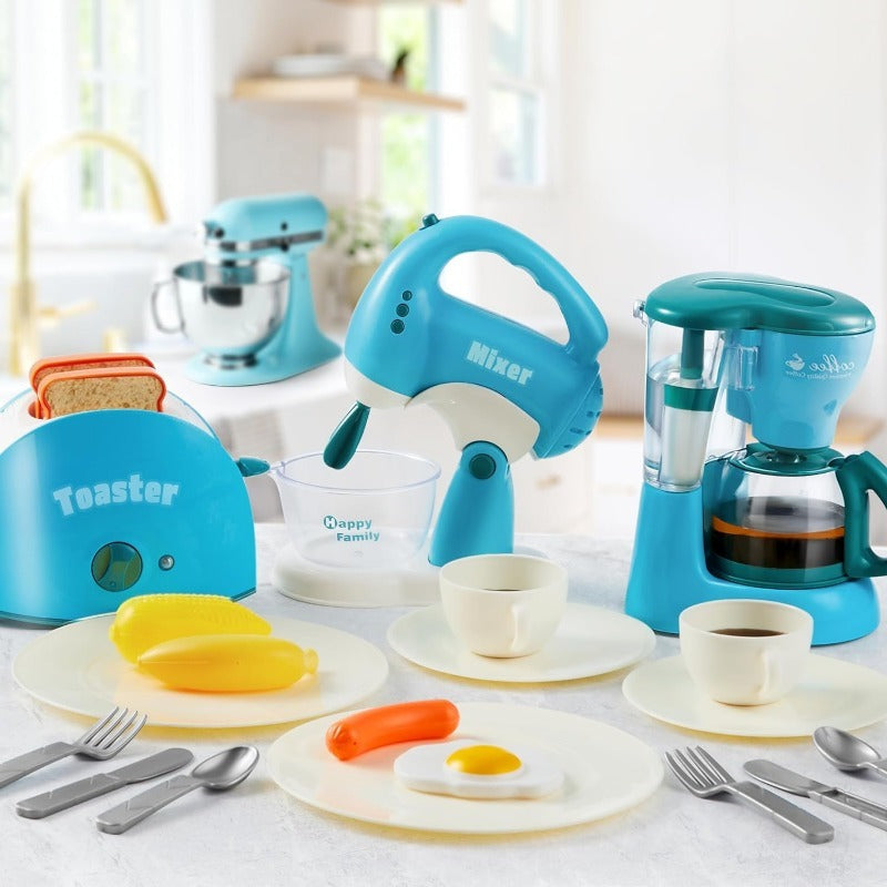 1 Set Play Kitchen Toys, Pretend Play Kitchen Appliances Toy Set with Coffee Maker, Mixer, Toaster with Realistic Lights& Sounds, Perfect Birthday Gift for Youngsters Ages 3+, Blue