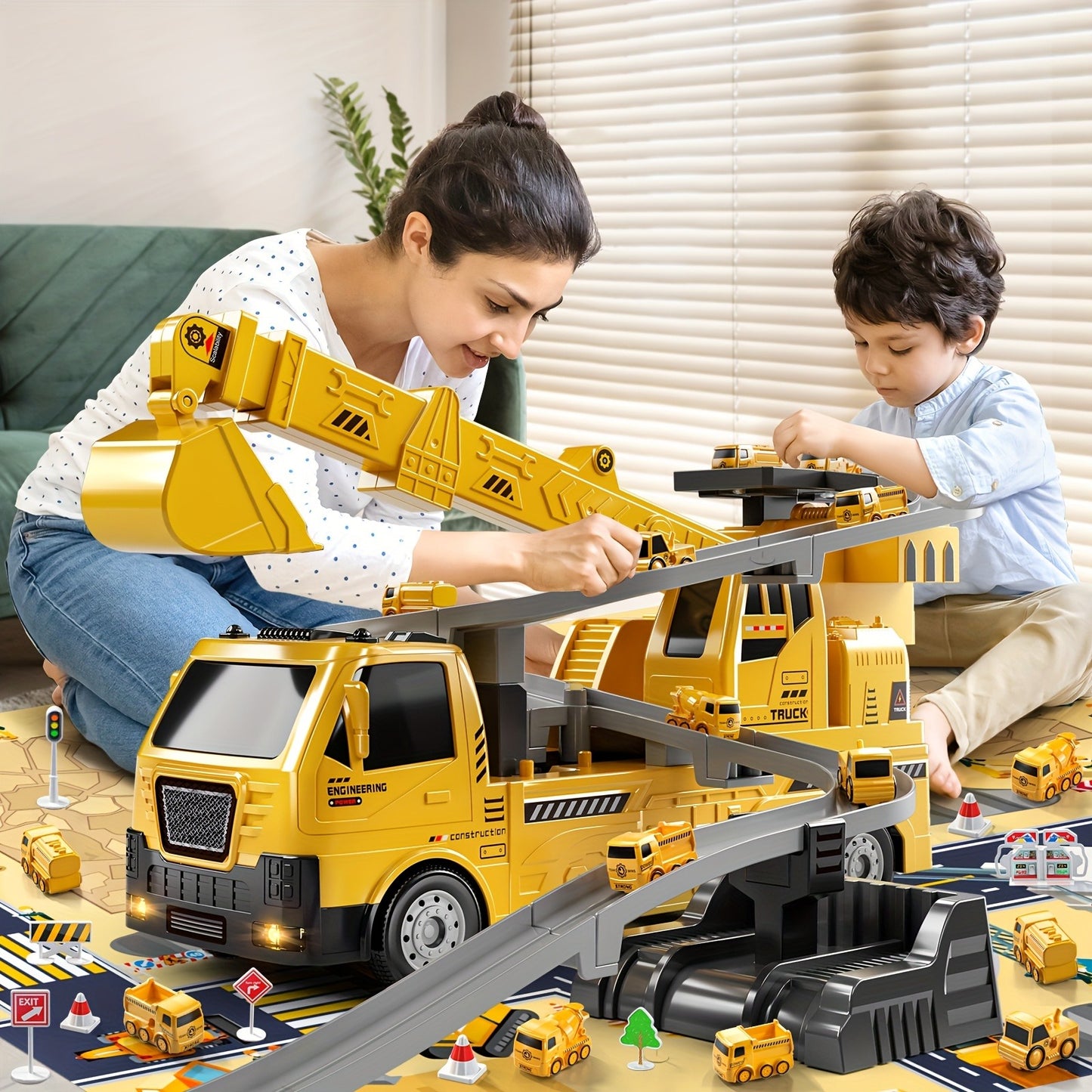 Crane Excavator Toys with Cars Race Track Play Set for Boys Age 3-7, Truck Toy with Light & Sound, Construction Vehicle, Birthday Christmas Easter Gifts