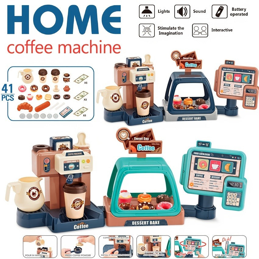 Toy Coffee Maker Machine And Cash Register Kit With Sound Light, Kids Kitchen Pretend Play Sets Kitchen Appliances Toy For Boys Girls