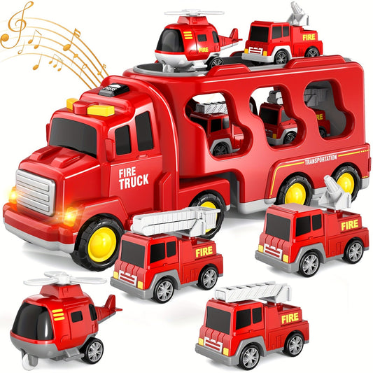 Fire Truck Toys for 3 4 5 Boys Toddlers, 5in 1 Kids Carrier Fire Trucks Cars for Boy Toys Birthday, Car Trucks Friction Power Toys with Light Sound