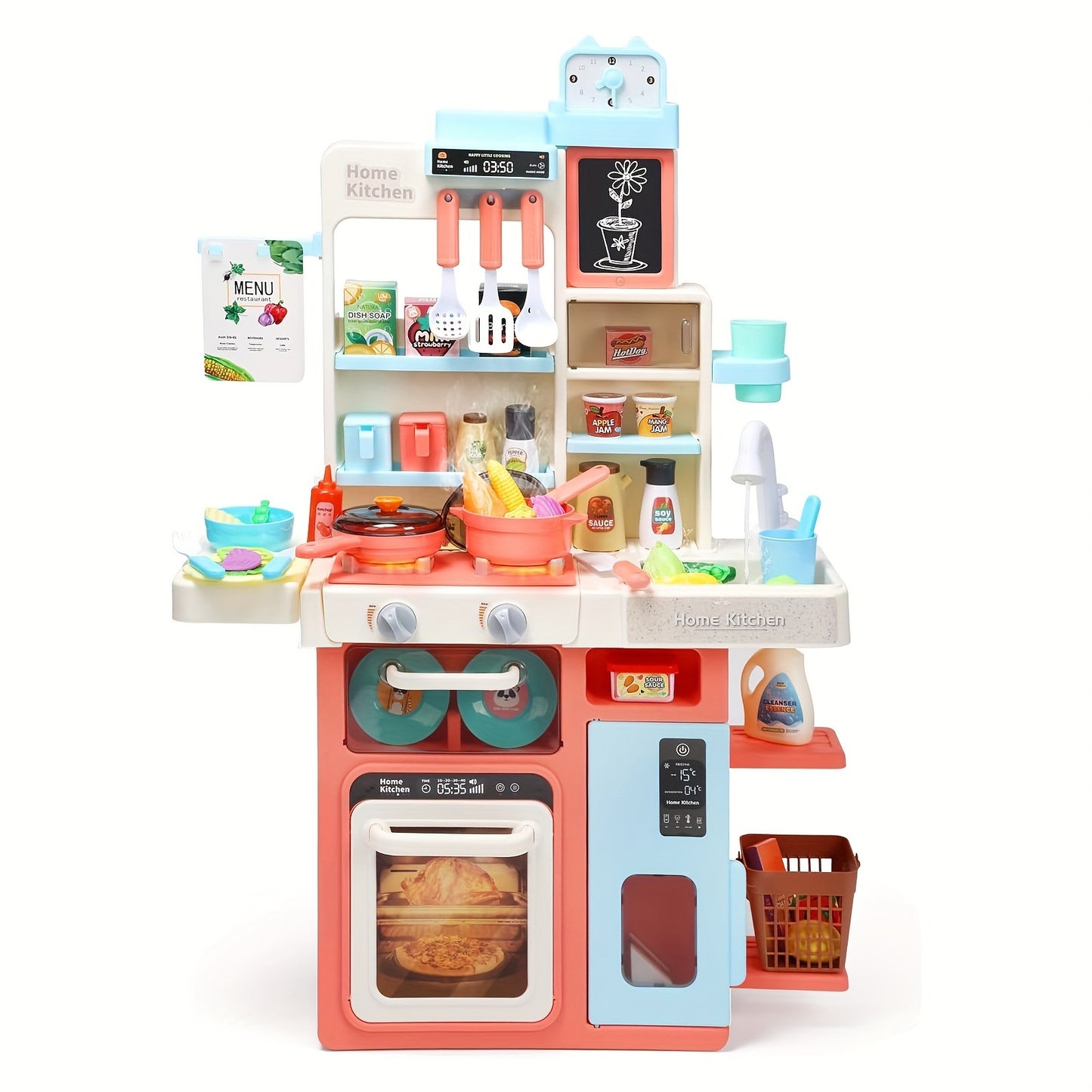 Kids Pretend Play Kitchen Set with Lights & Sounds, Cooking Stove with Steam, Play Sink and Kitchen Accessories, Pink Toy Kitchen for Toddlers, Boys & Girls