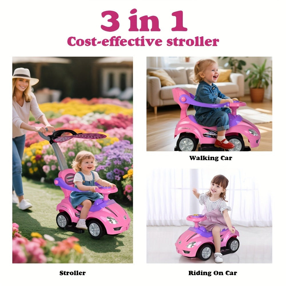 1pc 3 In 1 Ride On Toys Pushing Car With Removable Sun Visor, Mega Car For Toddlers W/Handle & Horn & Music, Color Red