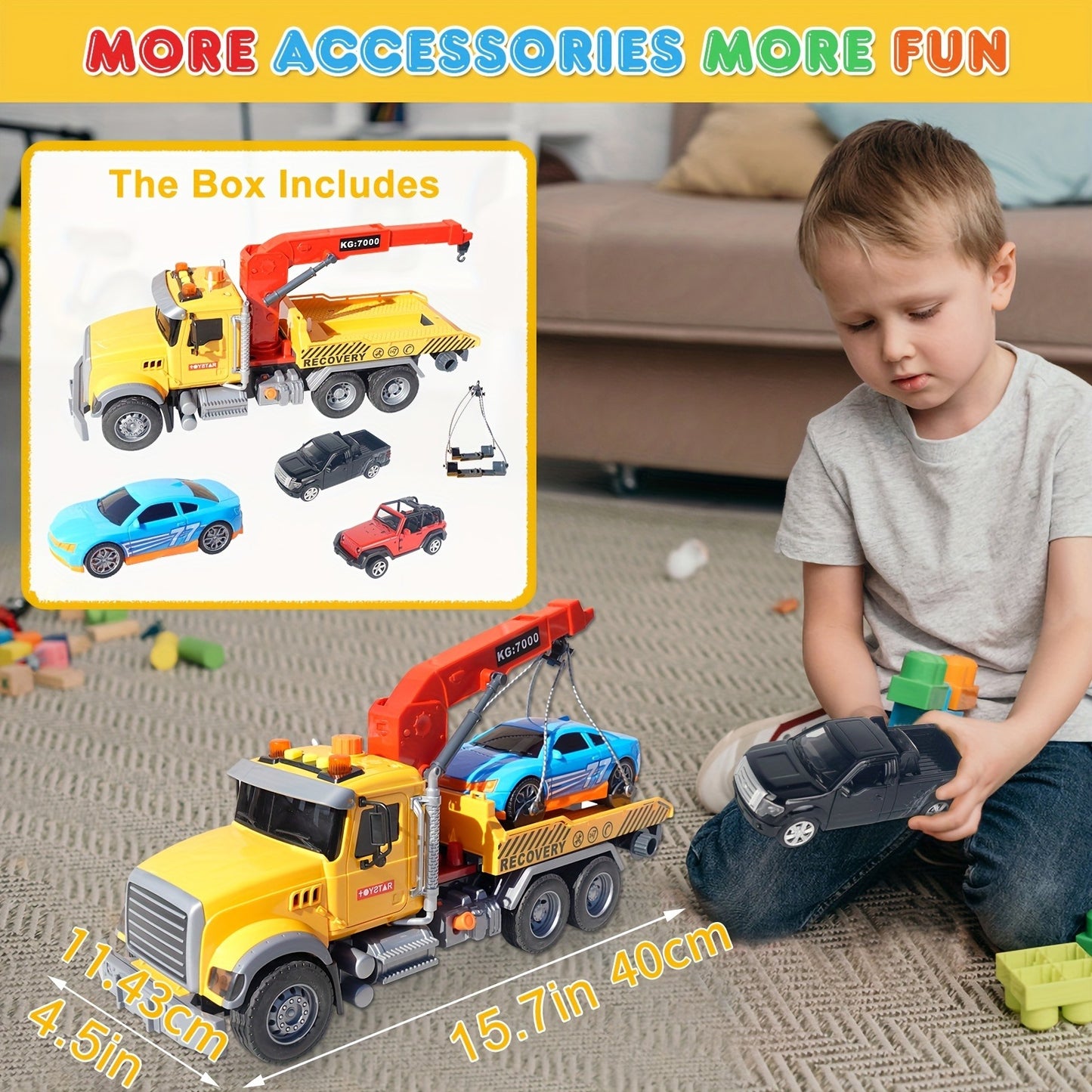 15" Big Truck Toys Set, Include Tow Truck, Racing Car, Metal Off-Road Car, Metal Pickup Truck, Toy Truck with Hook, Boys & Girls Christmas and Birthday Gift Christmas Halloween Gift