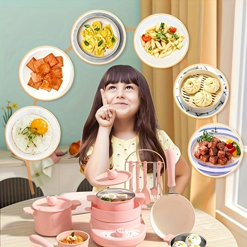 Cooking Set Real Safe Easy Kitchen Tools, Utensils Includes Stove Burner Aprons Cooking Tool Etc For Real Food Making Aged 8 -12 Educational Toys (Pink)