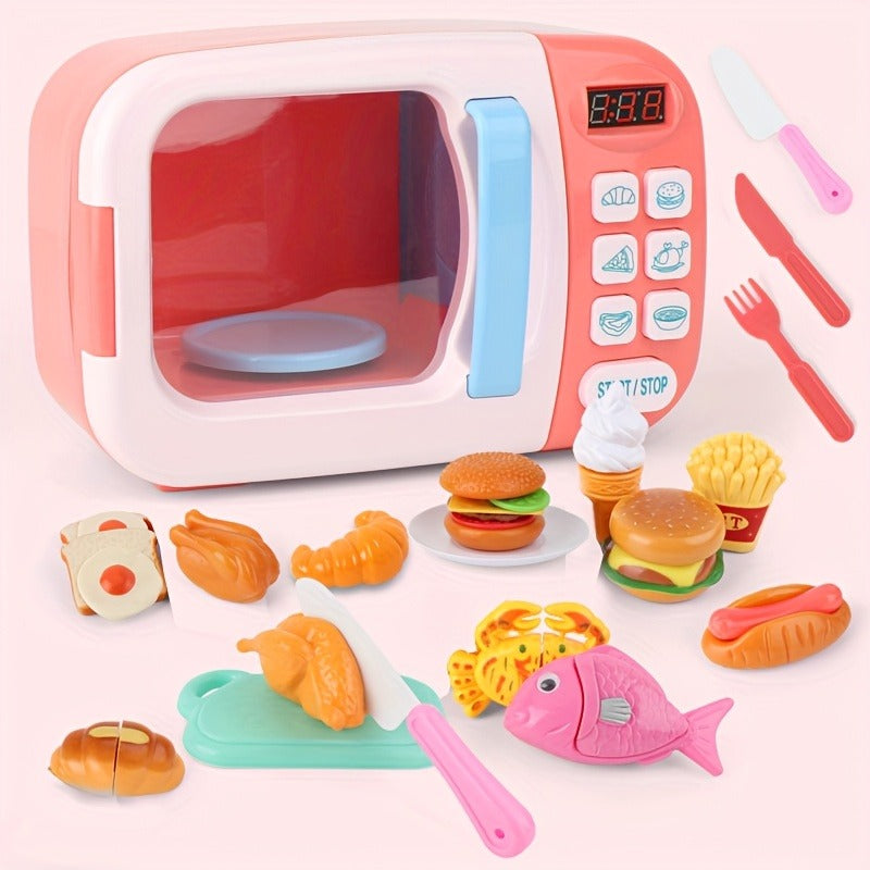 Microwave Toy Kitchen Play Set, Kids Play House Electronic Oven With Play Food, Kids Cookware Pots And Pans Toy Set, Cooking Utensils, Great Kitchen Toys For Girls Boys Learning (Pink/Blue)