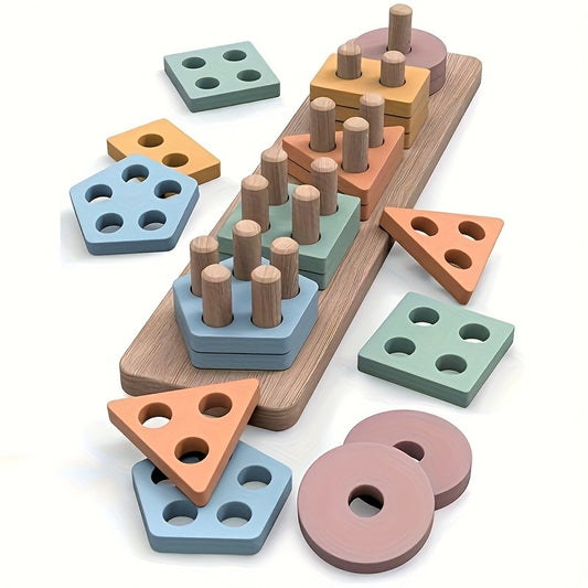 This Set of Five Wooden Geometric Shape Stacking Blocks Is an Educational Toy Designed for Early Learning And Cognitive Development. It Includes a Shape Sorter And a Color Stacker, Making It a Perfect Gift for Preschool