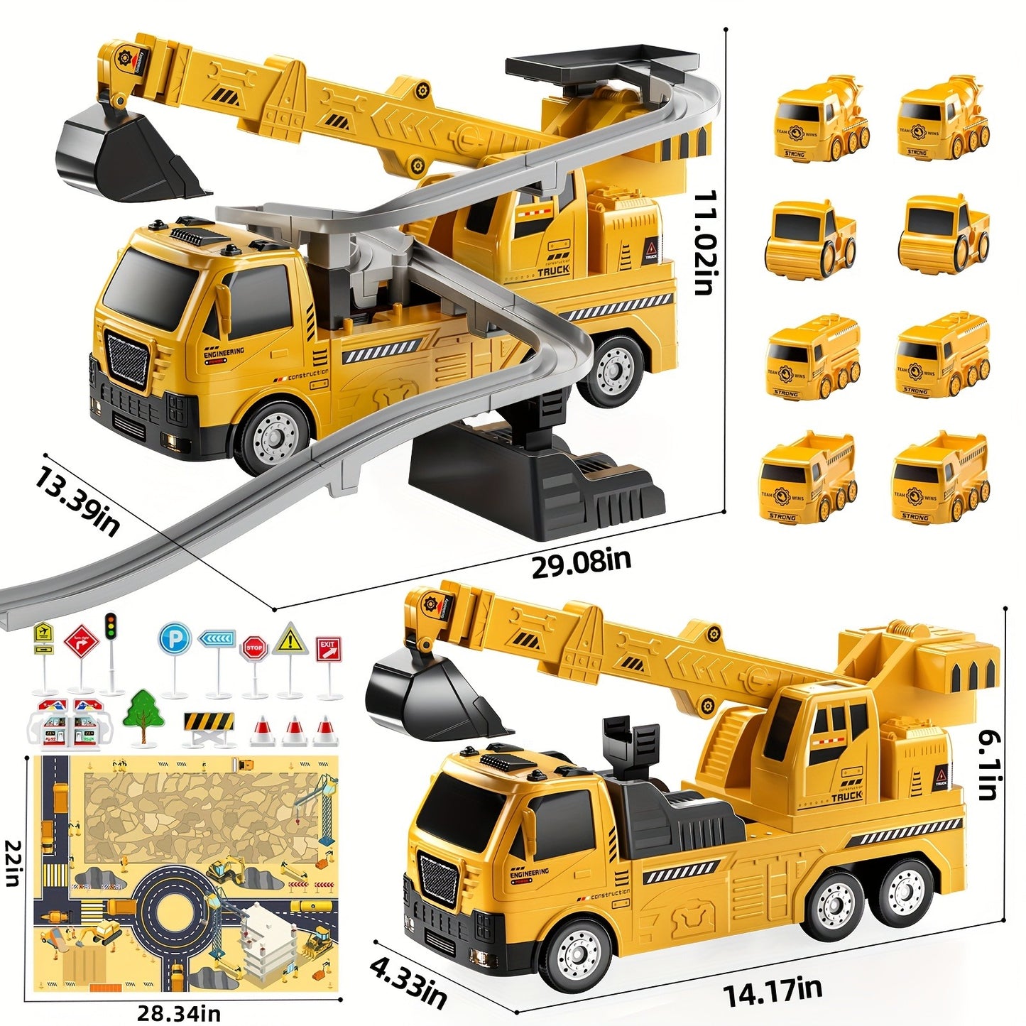 Crane Excavator Toys with Cars Race Track Play Set for Boys Age 3-7, Truck Toy with Light & Sound, Construction Vehicle, Birthday Christmas Easter Gifts