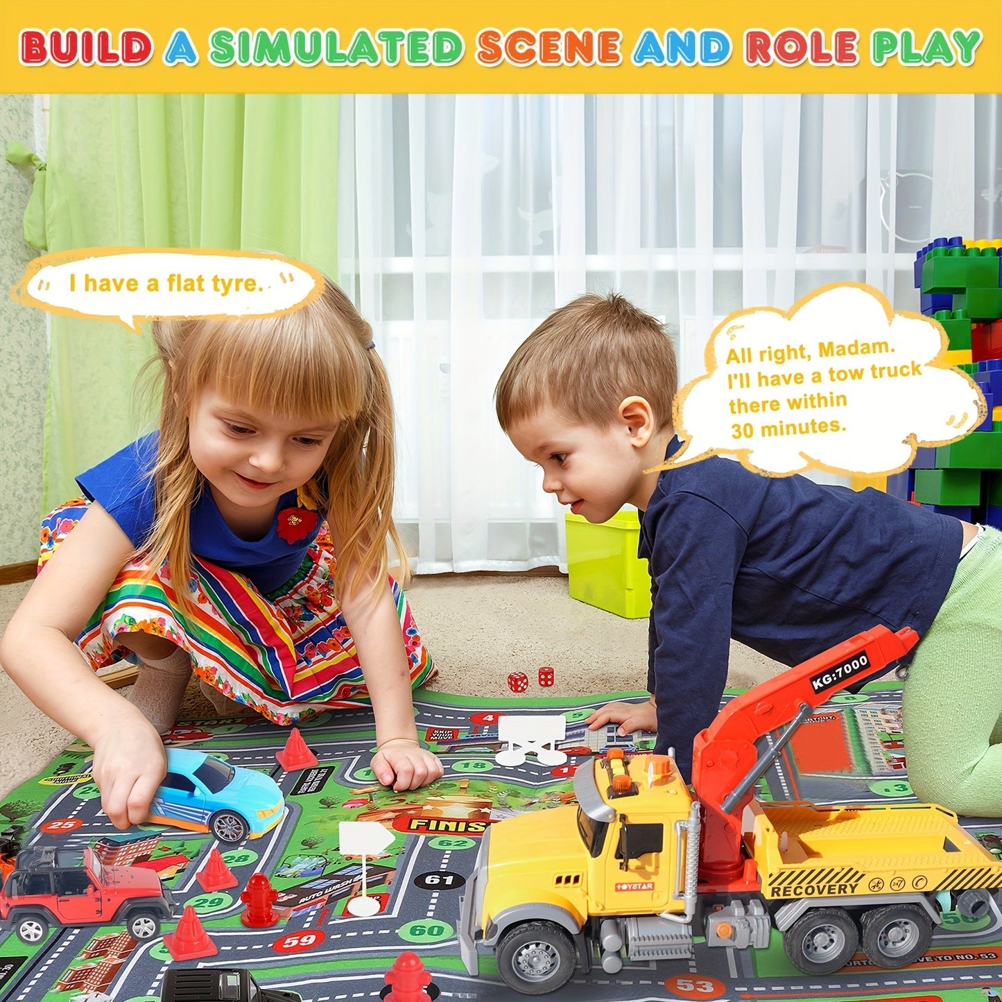 15" Big Truck Toys Set, Include Tow Truck, Racing Car, Metal Off-Road Car, Metal Pickup Truck, Toy Truck with Hook, Boys & Girls Christmas and Birthday Gift Christmas Halloween Gift