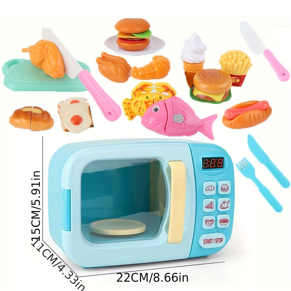Microwave Toy Kitchen Play Set, Kids Play House Electronic Oven With Play Food, Kids Cookware Pots And Pans Toy Set, Cooking Utensils, Great Kitchen Toys For Girls Boys Learning (Pink/Blue)