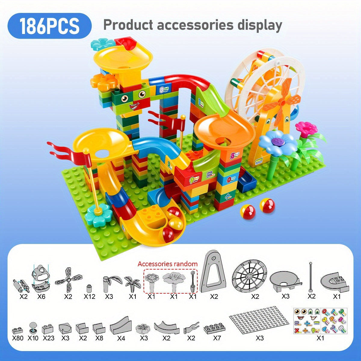 150pcs/186pcs Big Size Marble Race Run Particle Scenes Slide Funnel Ferris Wheel Building Blocks City Brick Toy for Youngsters Educational Patchwork Toys Model Ornaments Holiday Gifts