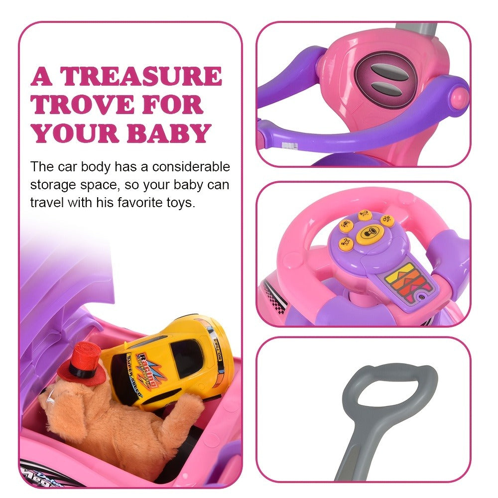 1pc 3 In 1 Ride On Toys Pushing Car With Removable Sun Visor, Mega Car For Toddlers W/Handle & Horn & Music, Color Red