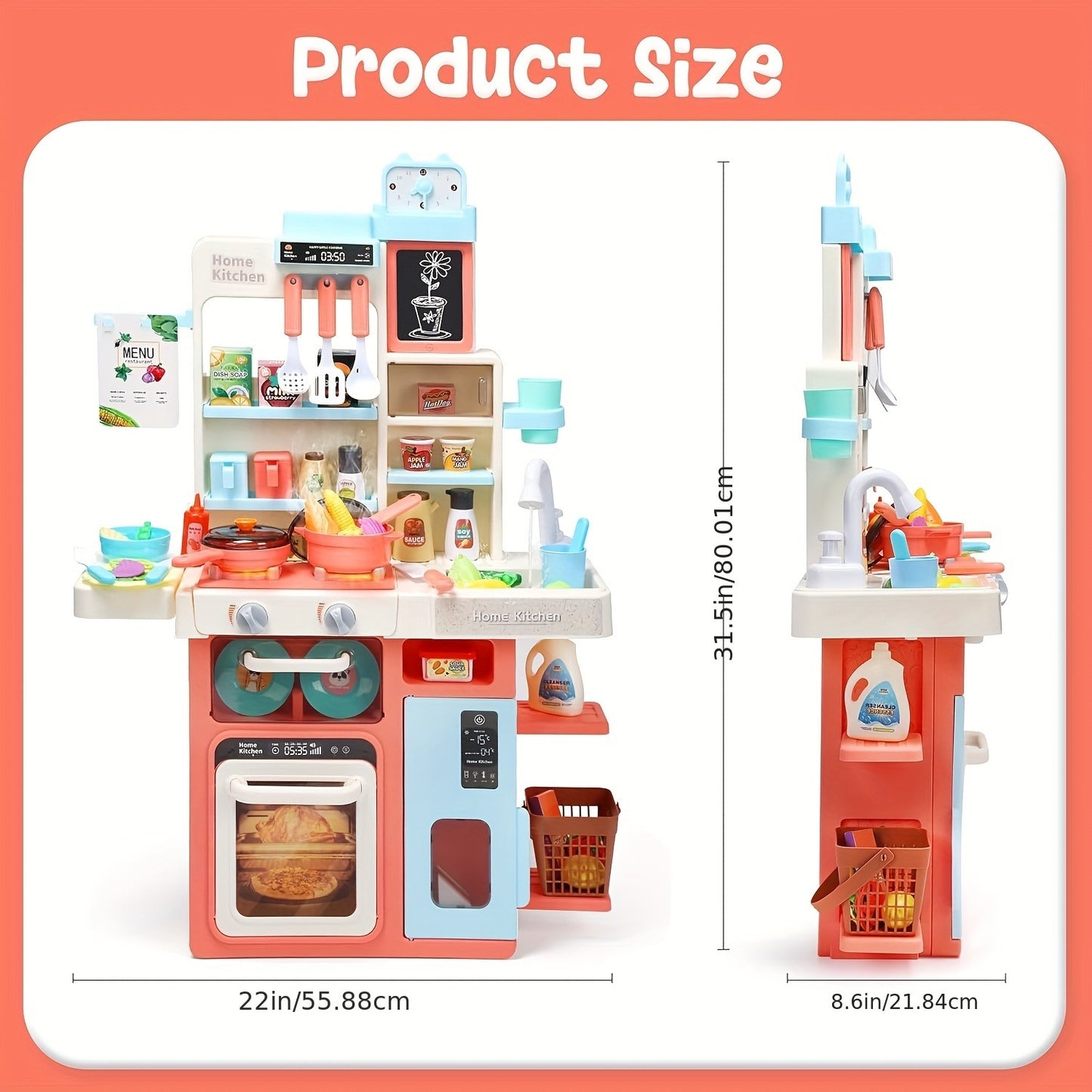 Kids Pretend Play Kitchen Set with Lights & Sounds, Cooking Stove with Steam, Play Sink and Kitchen Accessories, Pink Toy Kitchen for Toddlers, Boys & Girls