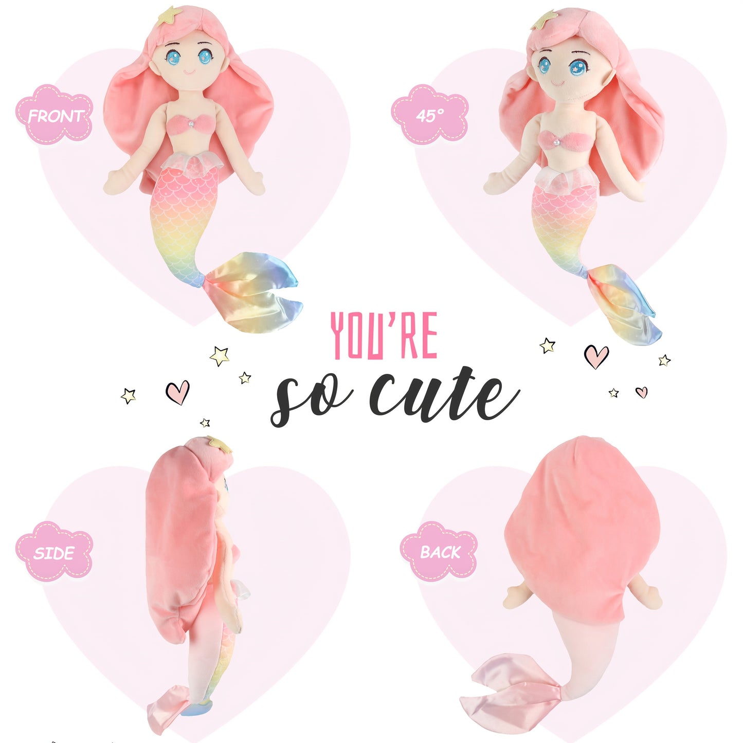 12" Pink Mermaid Plush Toy - Soft & Cuddly Stuffed Animal Doll with Iridescent Tail, Blue-Tipped Scales, and Starfish Hair Clip, Perfect for Youngsters' Birthday Parties, Holiday Gifts, and Mermaid-Themed Decor