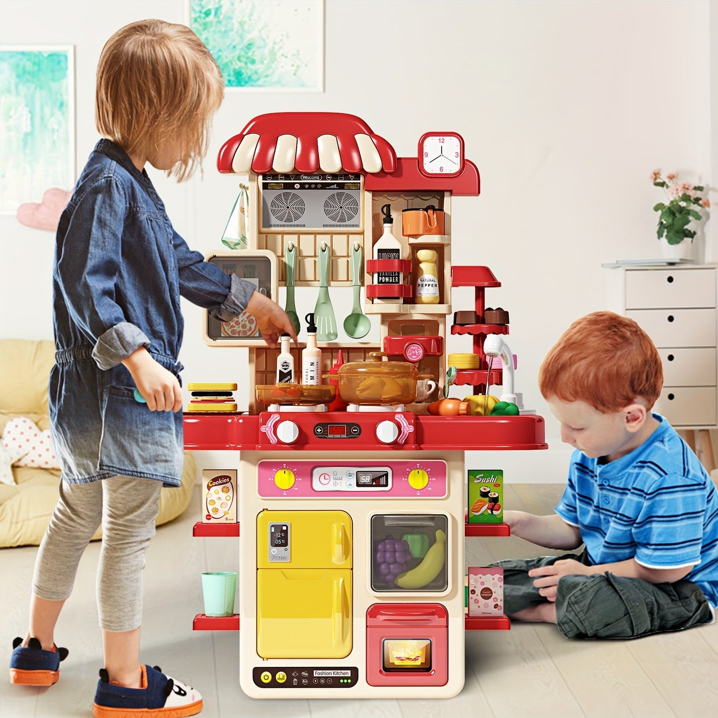 Kitchen game toy set, simulation cooking table, puzzle pretend cooking kitchenware, mini kitchen, with light and sound, simulation of spray and sink, birthday gifts for boys and girls