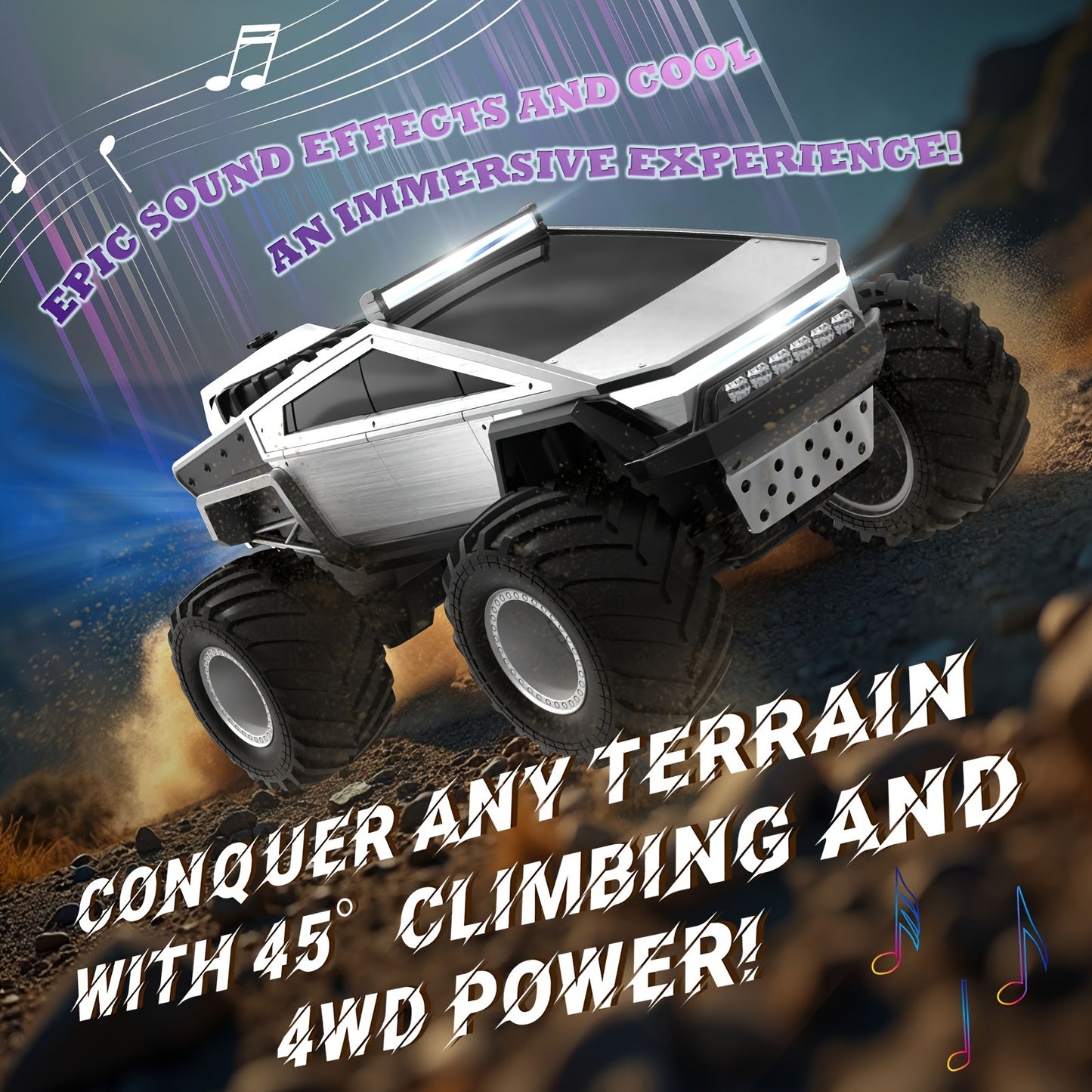 All Terrain RC Monster Truck Toy, 2.4GHz 4WD Remote Control Off-road Vehicle with LED Lights, Music And Excellent Grip Big Wheels, 6+ Boys And Girls Birthday, Christmas, Halloween Gifts