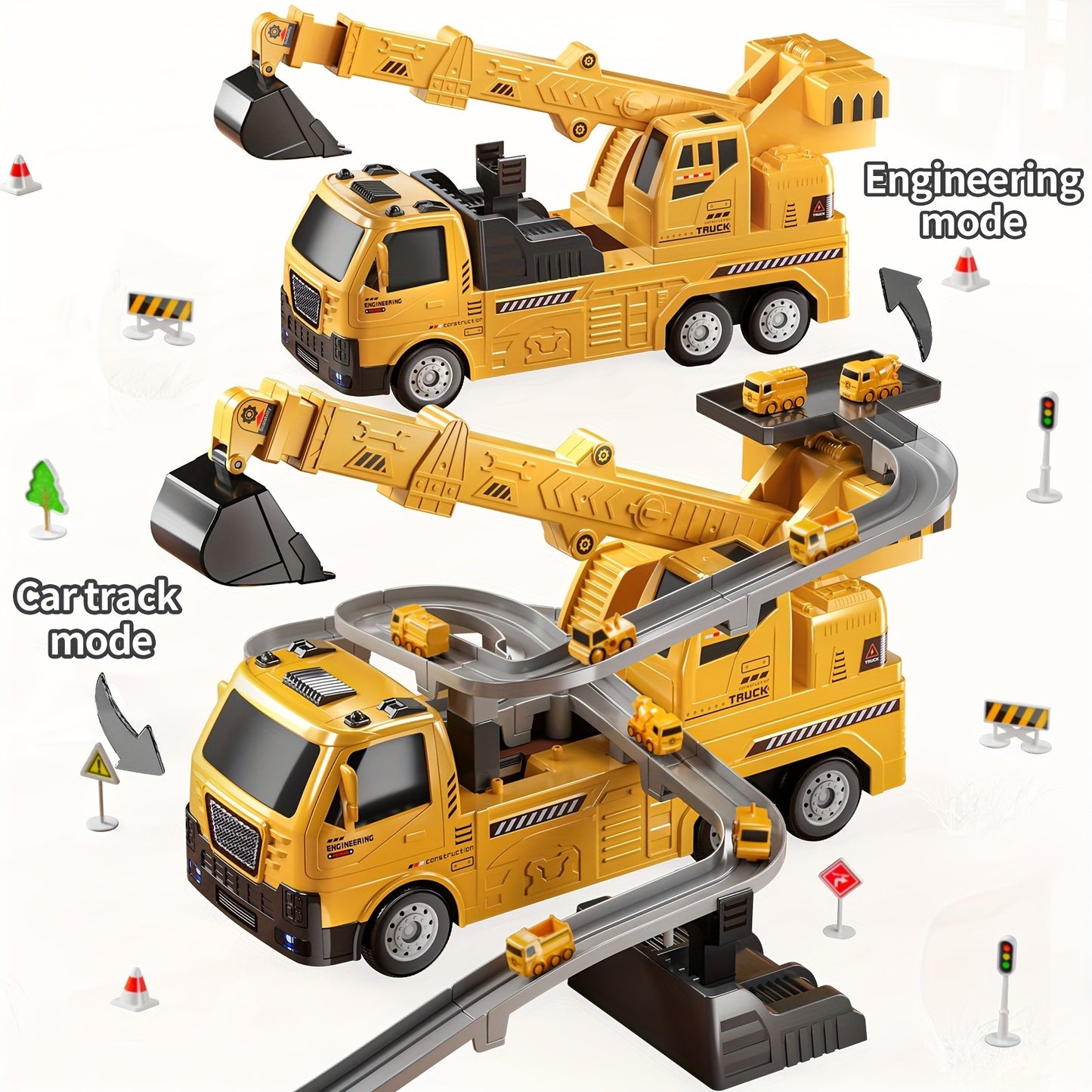 Crane Excavator Toys with Cars Race Track Play Set for Boys Age 3-7, Truck Toy with Light & Sound, Construction Vehicle, Birthday Christmas Easter Gifts