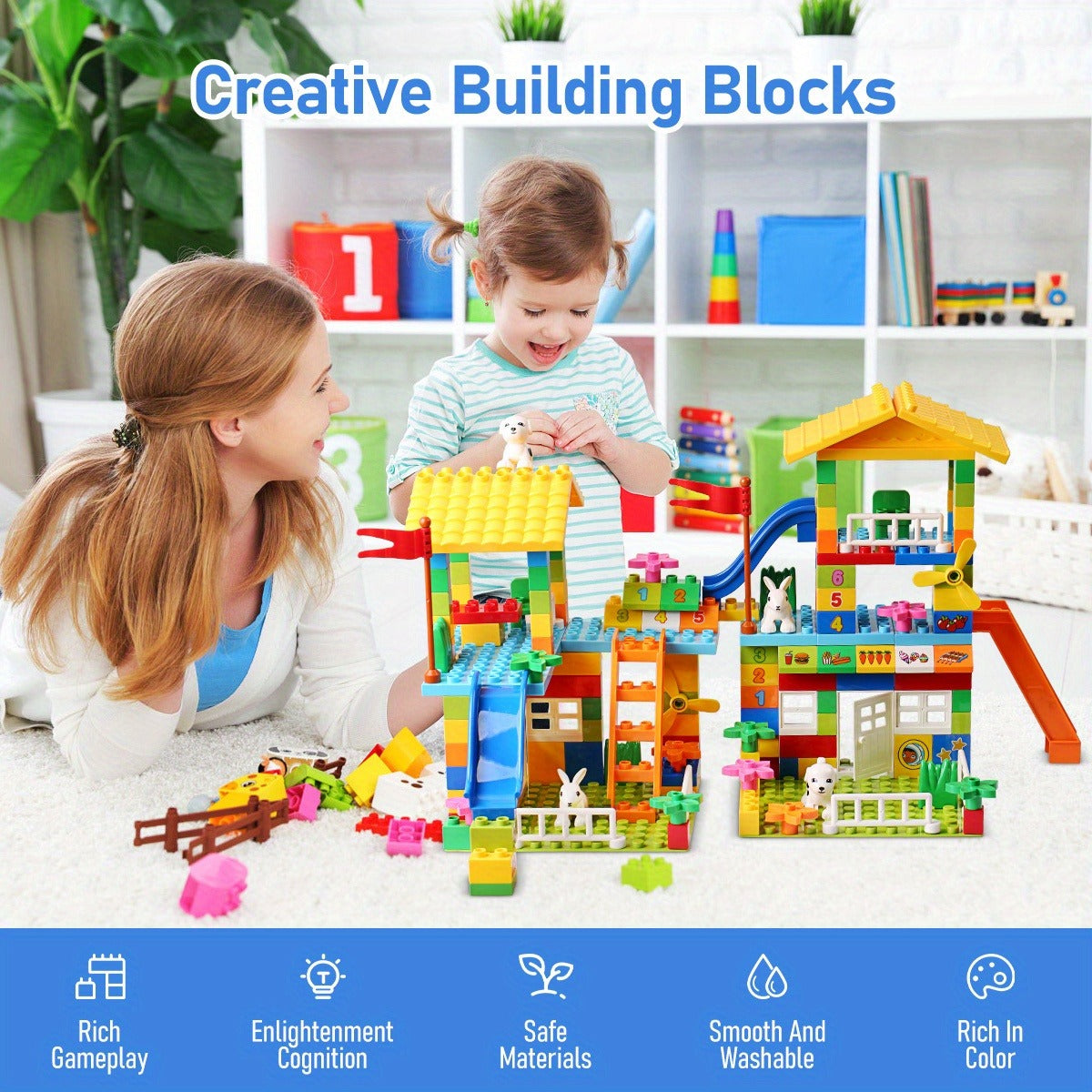 Large Building Blocks Set Compatible with Various Large-Sized Bricks, City House and Slide Castle Toy for Kids, DIY Educational Gift to Enhance Children's Hand-Eye Coordination Skills, STEM Learning