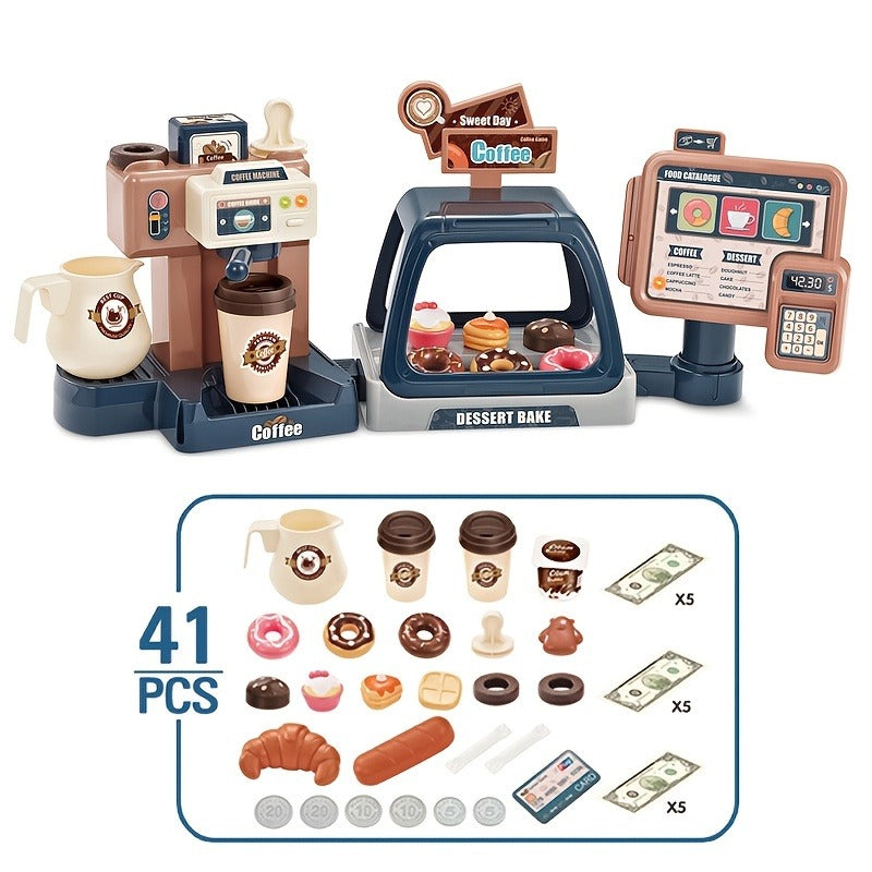 Toy Coffee Maker Machine And Cash Register Kit With Sound Light, Kids Kitchen Pretend Play Sets Kitchen Appliances Toy For Boys Girls