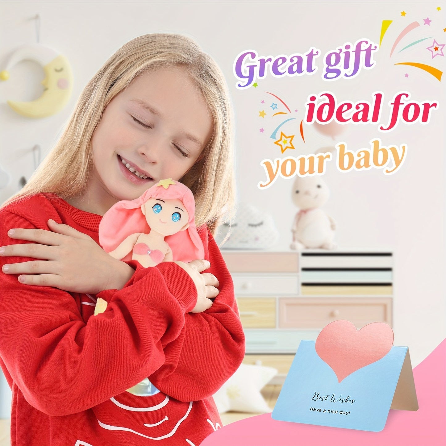 12" Pink Mermaid Plush Toy - Soft & Cuddly Stuffed Animal Doll with Iridescent Tail, Blue-Tipped Scales, and Starfish Hair Clip, Perfect for Youngsters' Birthday Parties, Holiday Gifts, and Mermaid-Themed Decor