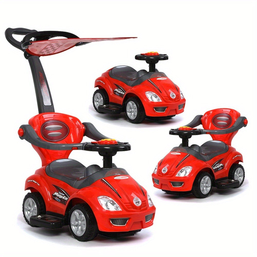 1pc 3 In 1 Ride On Toys Pushing Car With Removable Sun Visor, Mega Car For Toddlers W/Handle & Horn & Music, Color Red