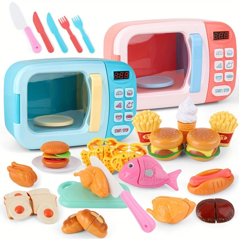 Microwave Toy Kitchen Play Set, Kids Play House Electronic Oven With Play Food, Kids Cookware Pots And Pans Toy Set, Cooking Utensils, Great Kitchen Toys For Girls Boys Learning (Pink/Blue)