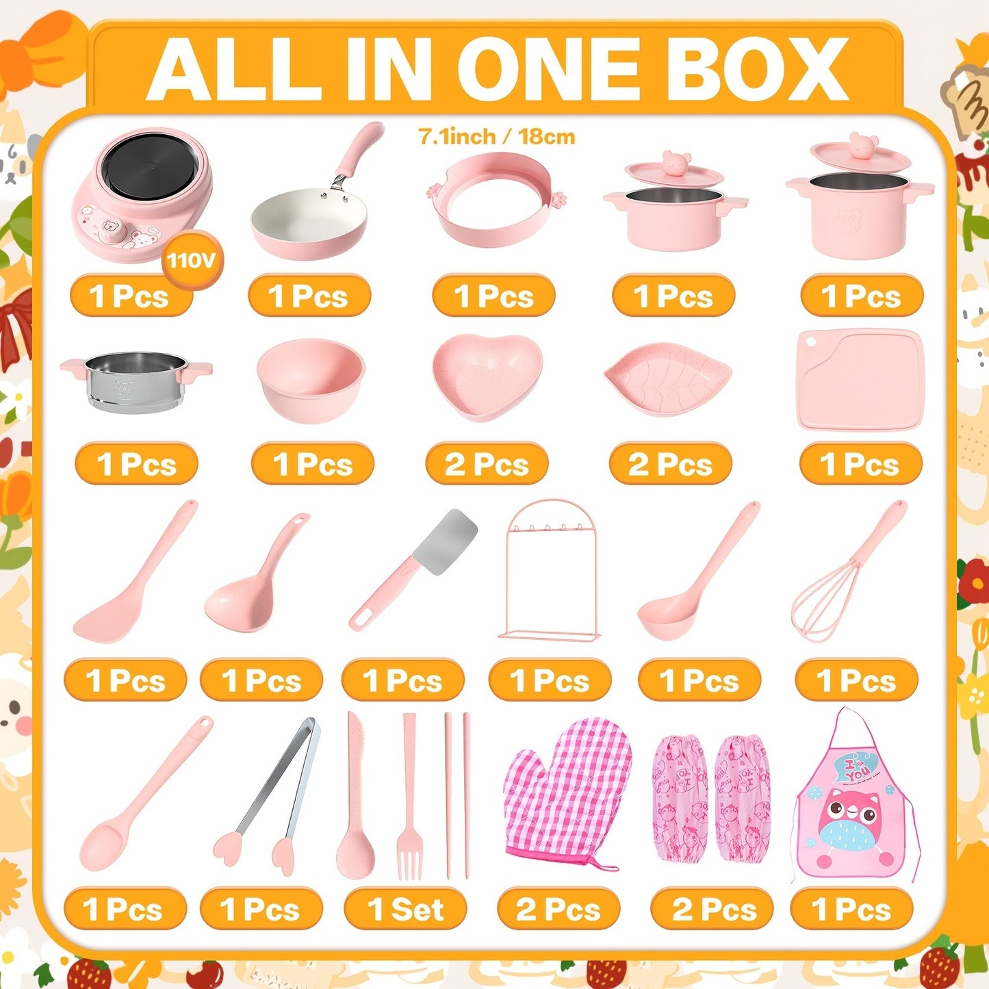 Cooking Set Real Safe Easy Kitchen Tools, Utensils Includes Stove Burner Aprons Cooking Tool Etc For Real Food Making Aged 8 -12 Educational Toys (Pink)