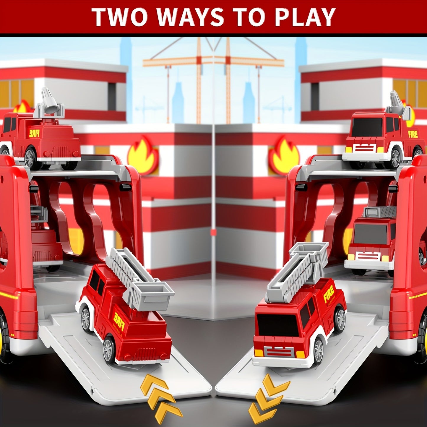 Fire Truck Toys for 3 4 5 Boys Toddlers, 5in 1 Kids Carrier Fire Trucks Cars for Boy Toys Birthday, Car Trucks Friction Power Toys with Light Sound