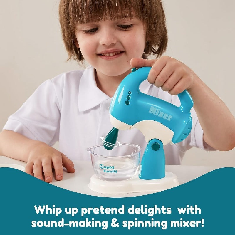 1 Set Play Kitchen Toys, Pretend Play Kitchen Appliances Toy Set with Coffee Maker, Mixer, Toaster with Realistic Lights& Sounds, Perfect Birthday Gift for Youngsters Ages 3+, Blue