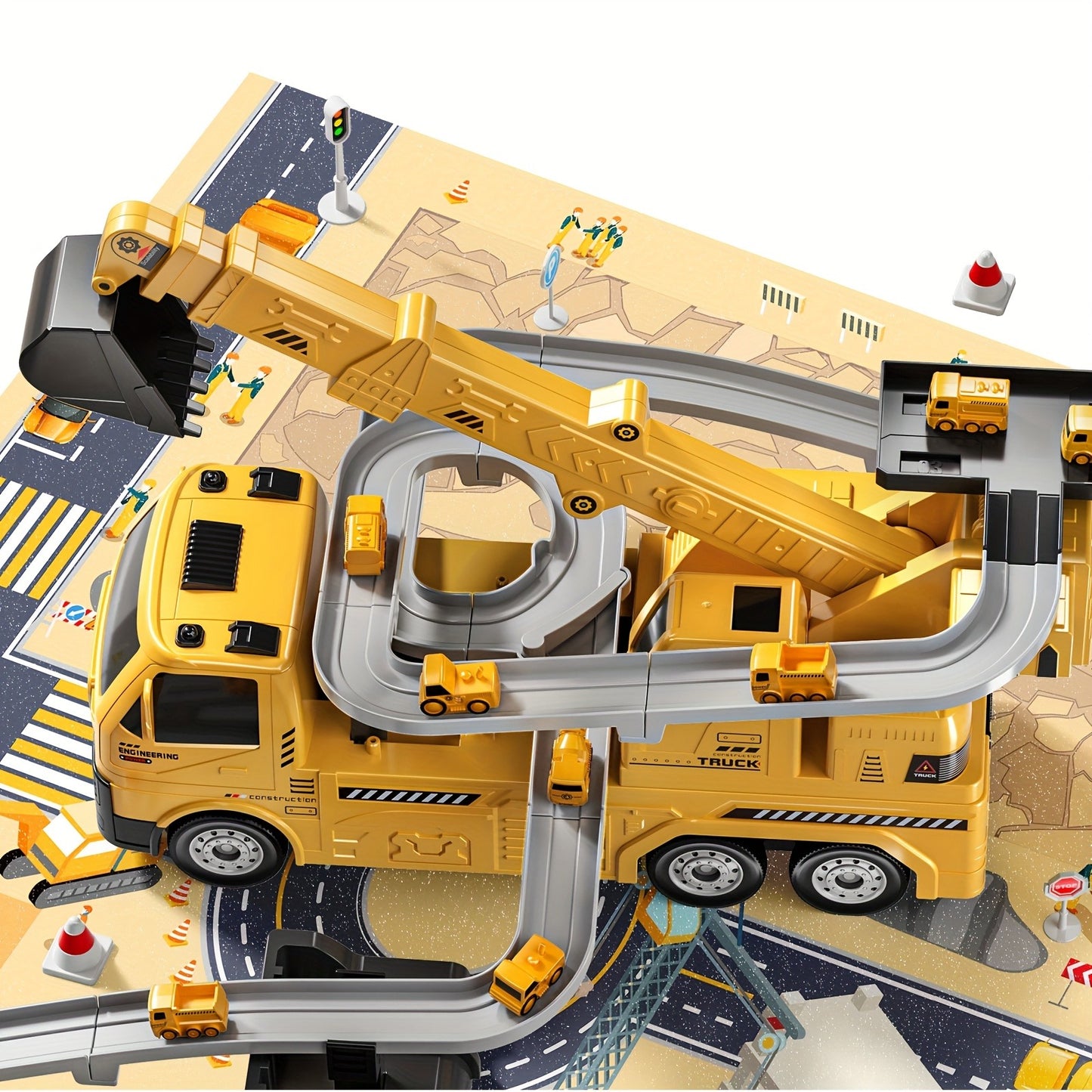 Crane Excavator Toys with Cars Race Track Play Set for Boys Age 3-7, Truck Toy with Light & Sound, Construction Vehicle, Birthday Christmas Easter Gifts