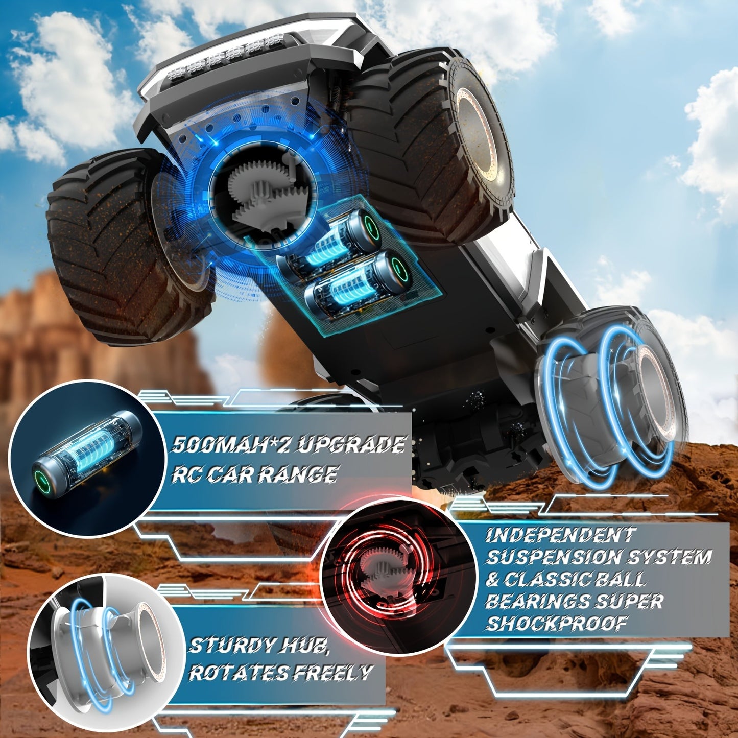 All Terrain RC Monster Truck Toy, 2.4GHz 4WD Remote Control Off-road Vehicle with LED Lights, Music And Excellent Grip Big Wheels, 6+ Boys And Girls Birthday, Christmas, Halloween Gifts