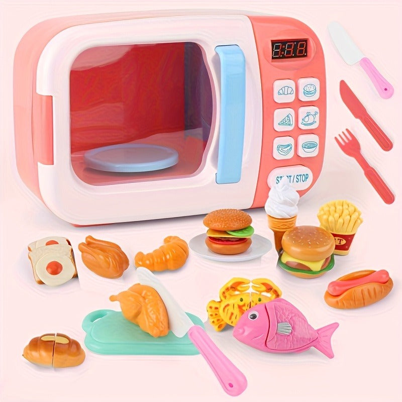 Microwave Toy Kitchen Play Set, Kids Play House Electronic Oven With Play Food, Kids Cookware Pots And Pans Toy Set, Cooking Utensils, Great Kitchen Toys For Girls Boys Learning (Pink/Blue)