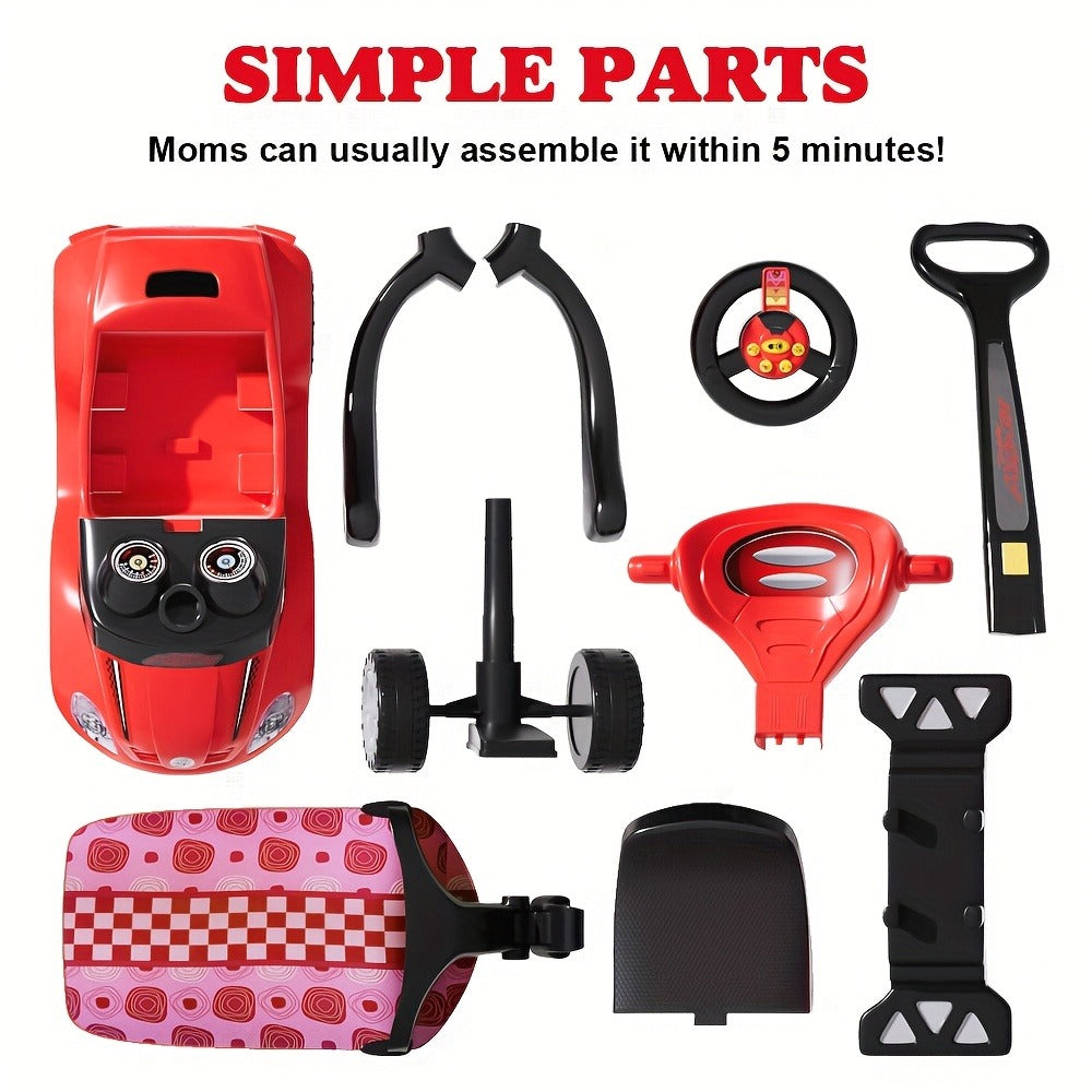 1pc 3 In 1 Ride On Toys Pushing Car With Removable Sun Visor, Mega Car For Toddlers W/Handle & Horn & Music, Color Red