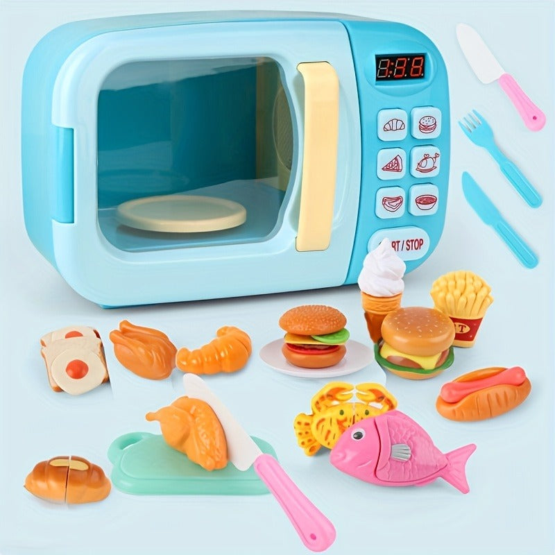 Microwave Toy Kitchen Play Set, Kids Play House Electronic Oven With Play Food, Kids Cookware Pots And Pans Toy Set, Cooking Utensils, Great Kitchen Toys For Girls Boys Learning (Pink/Blue)