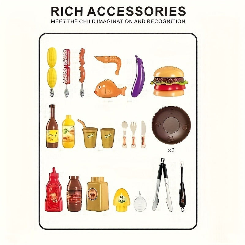 Deluxe Interactive BBQ Grill Playset With Realistic Smoke & LED Lights Pretend Play Kitchen Toy For Kids 3+ Realistic Food, Skewers & Tools Perfect Christmas/Birthday Gift For Boys & Girls